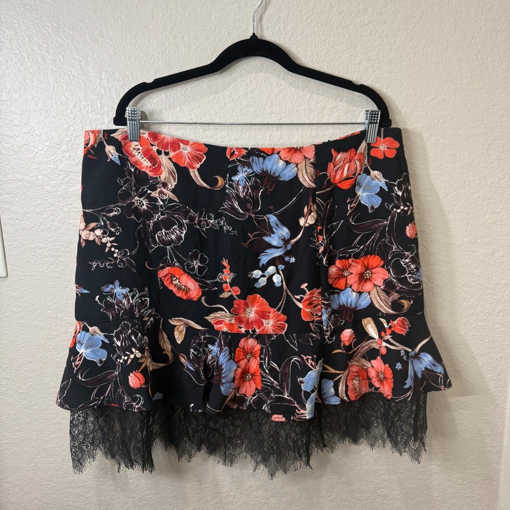 Who What Wear Floral Lace Trim Mini Skirt Black Red 16W Boho Romantic Cottage